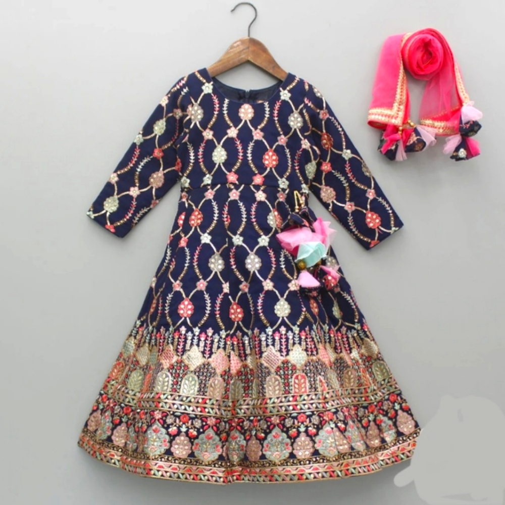 NWT Navy W/Gold Thread And Sequins Embroidered Anarkali, Lace Detail Dupatta